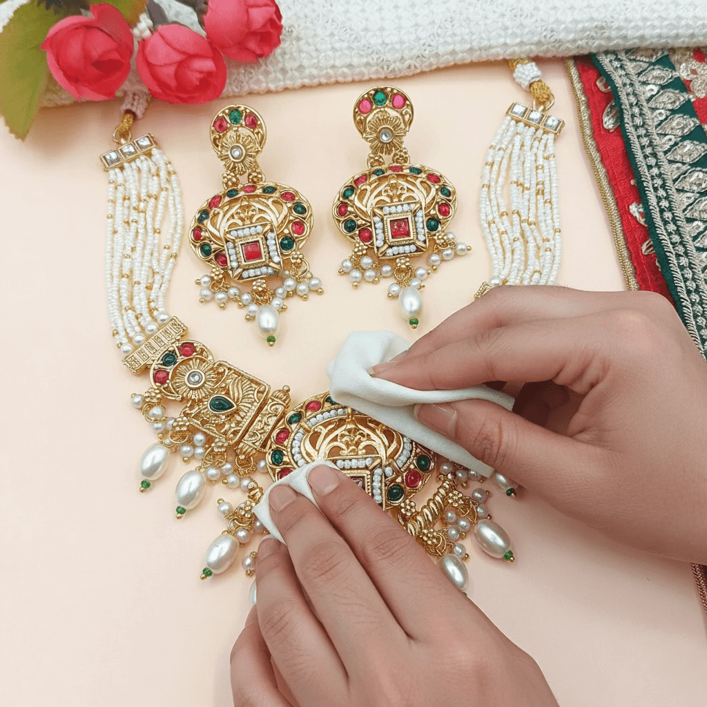 Ornate gold and gemstone jewelry set with a hand cleaning it using a cloth.