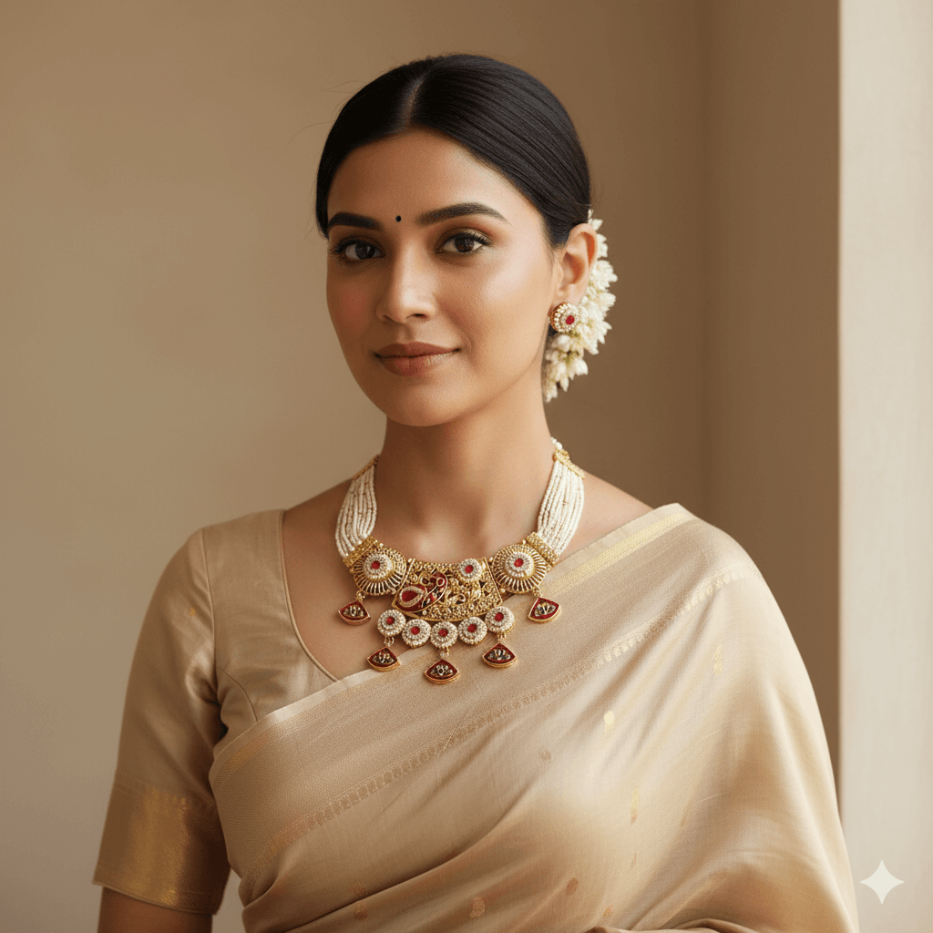 Woman wearing traditional jewelry and a saree against a beige background