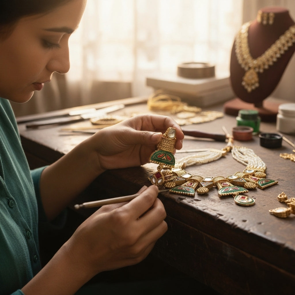 Woman working on a piece of jewelry with tools and materials on a table.