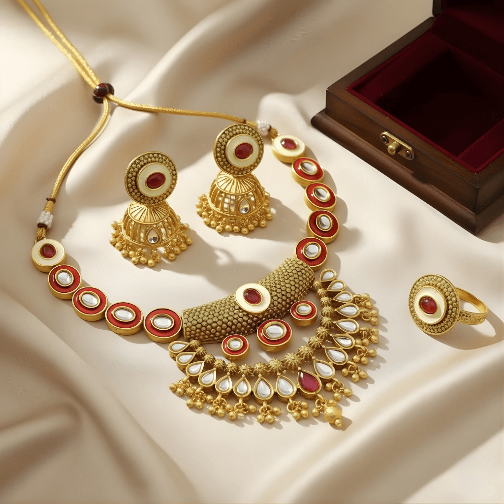 Gold jewelry set with necklace, earrings, and ring on a beige fabric background