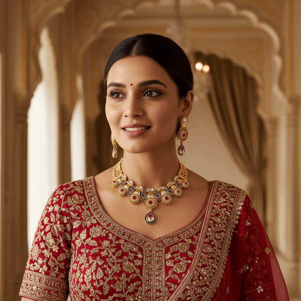 Gold necklace with colorful gemstones on a beige background