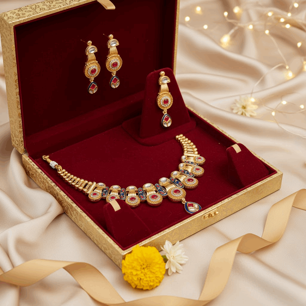 Meenakari Kundan Necklace | Bridal Jewellery Set with Earrings & Bangles