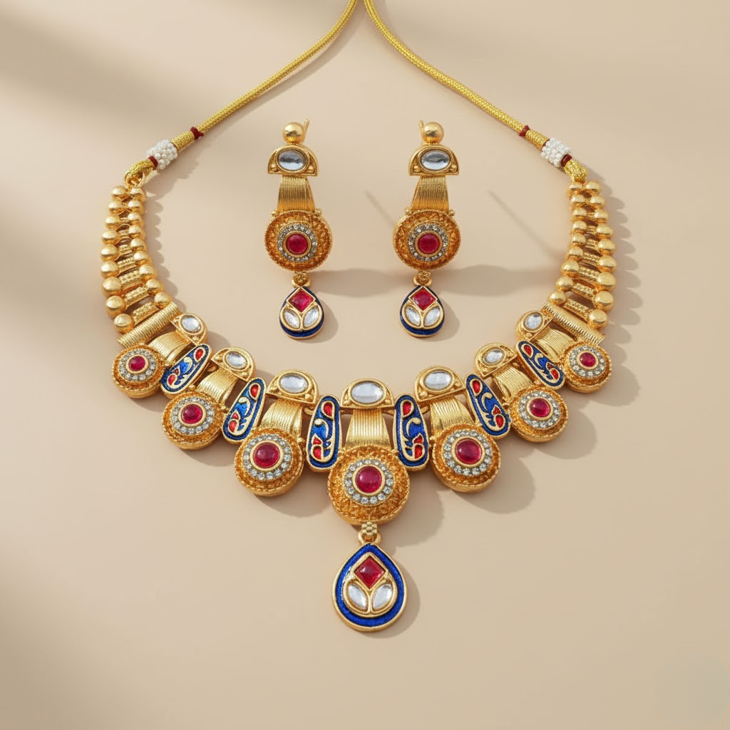Gold necklace with colorful gemstones on a beige background