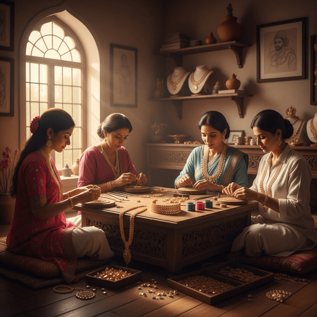 Four women in traditional attire sitting around a wooden table in a room with decorative elements.