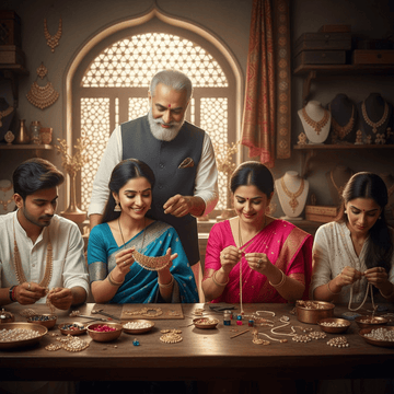 Group of people in a jewelry store examining and handling jewelry.