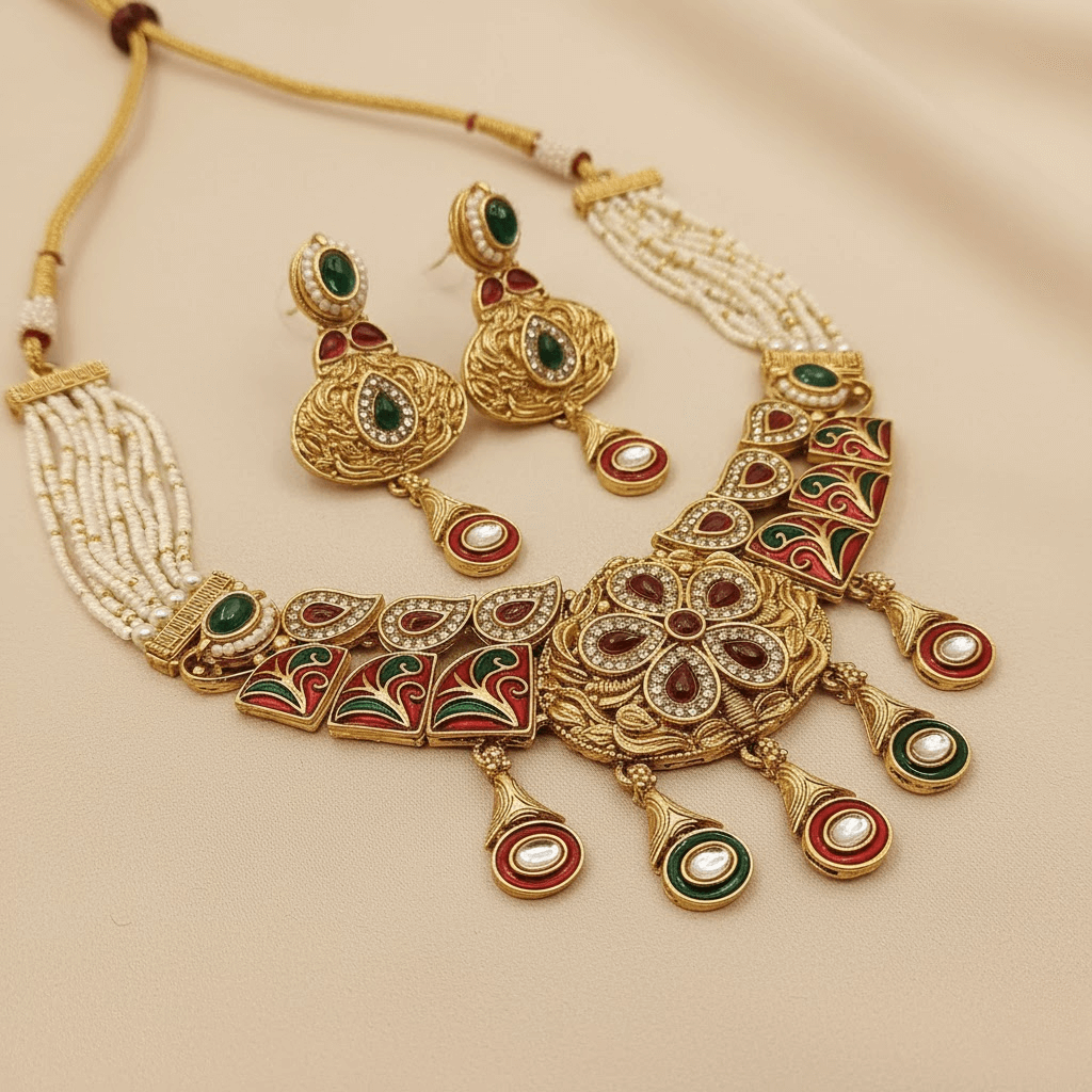 Ornate gold necklace with red and green gemstones on a beige background