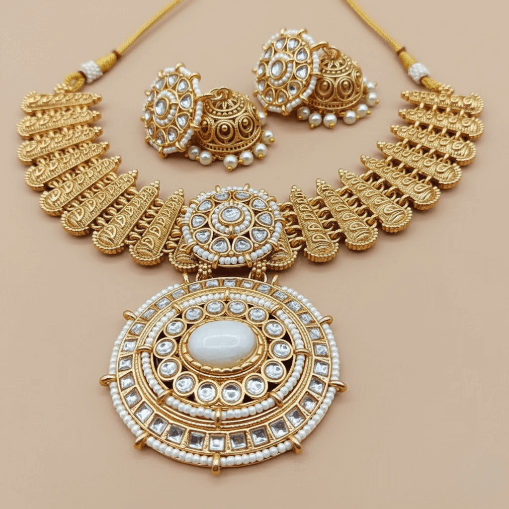 Gold jewelry set with necklace, earrings, and bracelet on a beige background