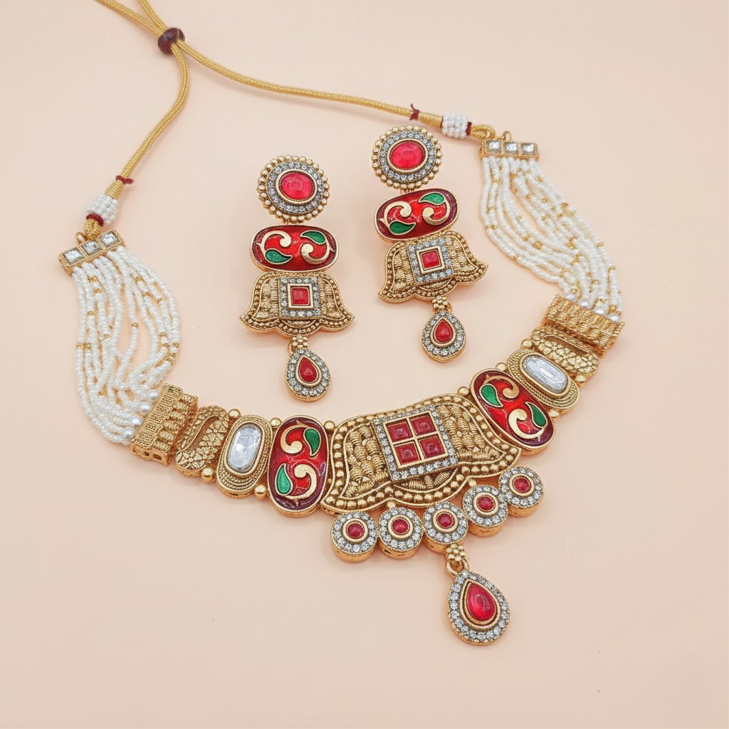 Intricate gold jewelry set with red and green enamel patterns, featuring a beaded necklace and matching earrings. Elegant and traditional design.