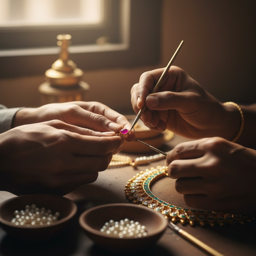Hands meticulously craft a necklace using a vibrant pink gemstone and gold, surrounded by bowls of pearls, conveying artistry and precision.