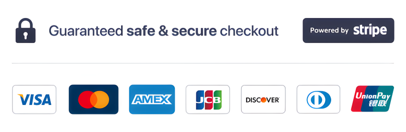 Guaranteed safe & secure checkout message with Stripe logo and payment icon logos.