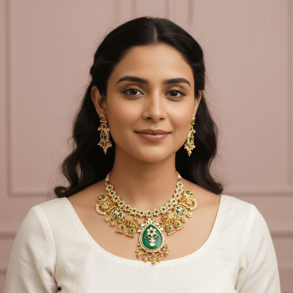 Woman wearing a gold and green necklace with matching earrings against a pink background