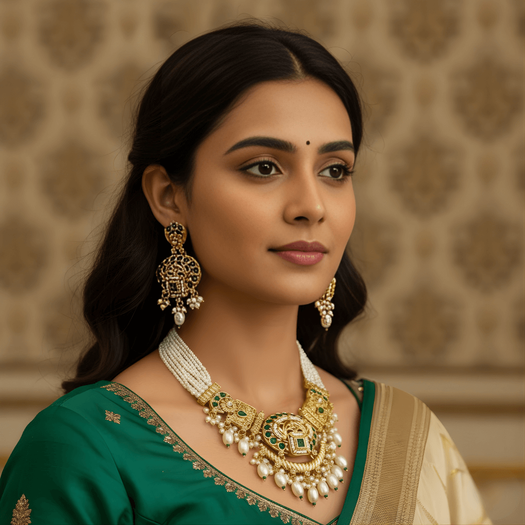 Woman wearing traditional jewelry with a patterned background