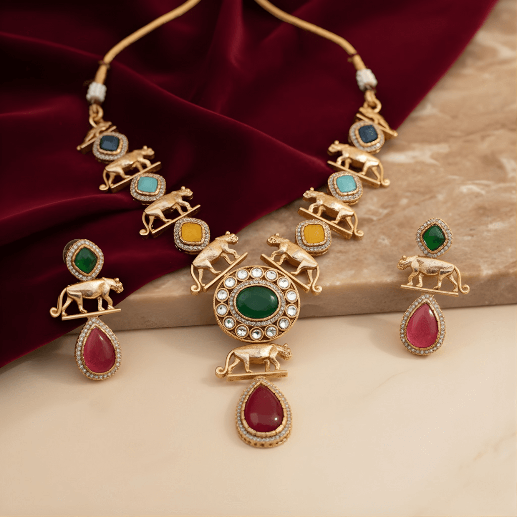 Gold jewelry set with colorful gemstones on a red fabric background