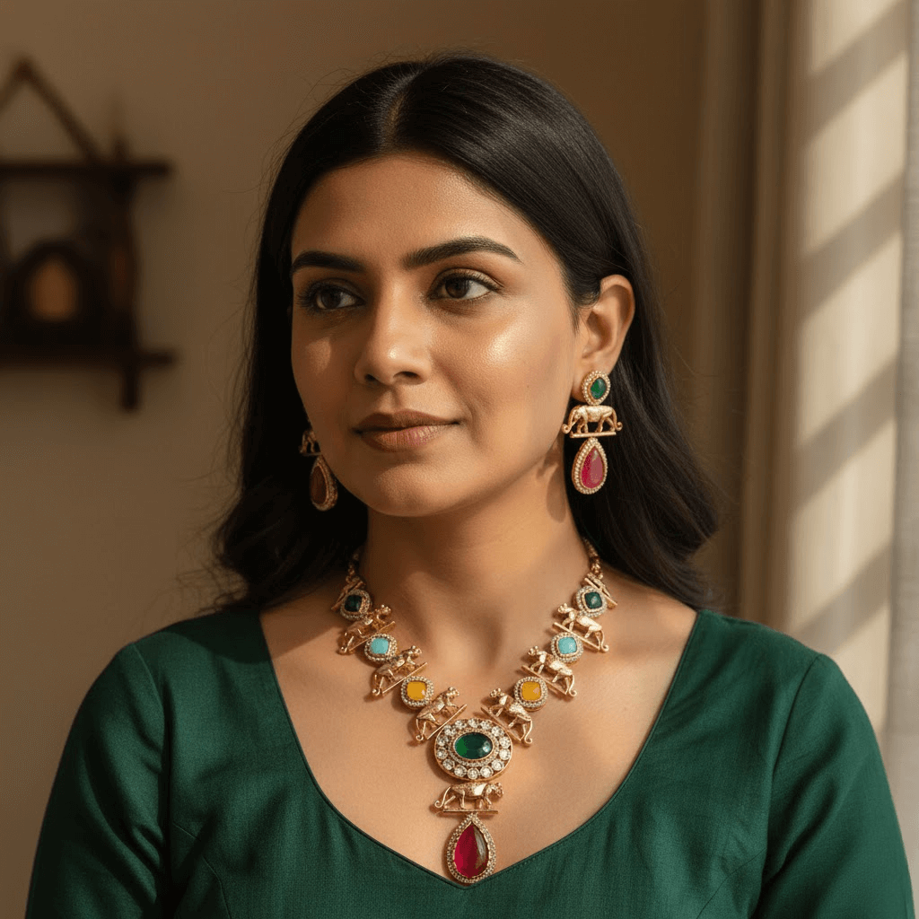 Woman wearing a colorful necklace and earrings indoors