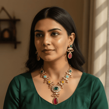 Woman wearing a colorful necklace and earrings indoors