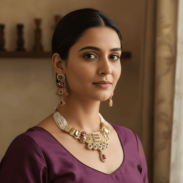 Woman wearing gold jewelry with a purple top against a neutral background