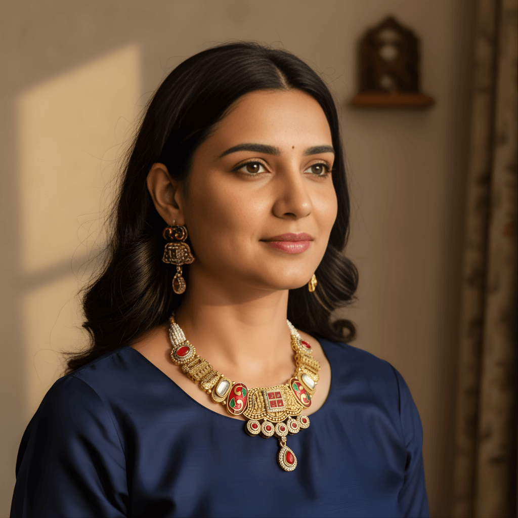 Woman wearing traditional jewelry against a warm-toned background