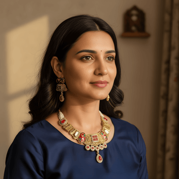 Woman wearing traditional jewelry against a warm-toned background