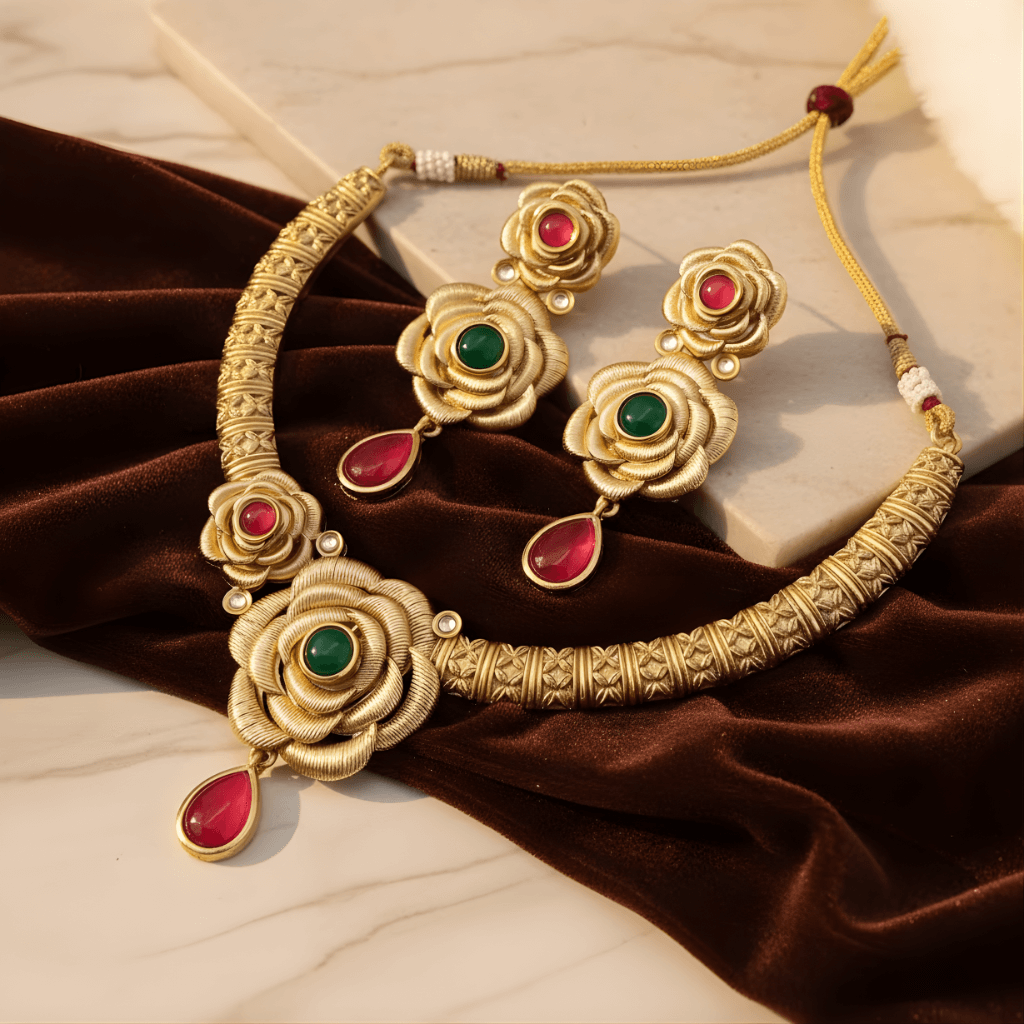 Gold necklace with floral design and colored stones on a brown fabric background
