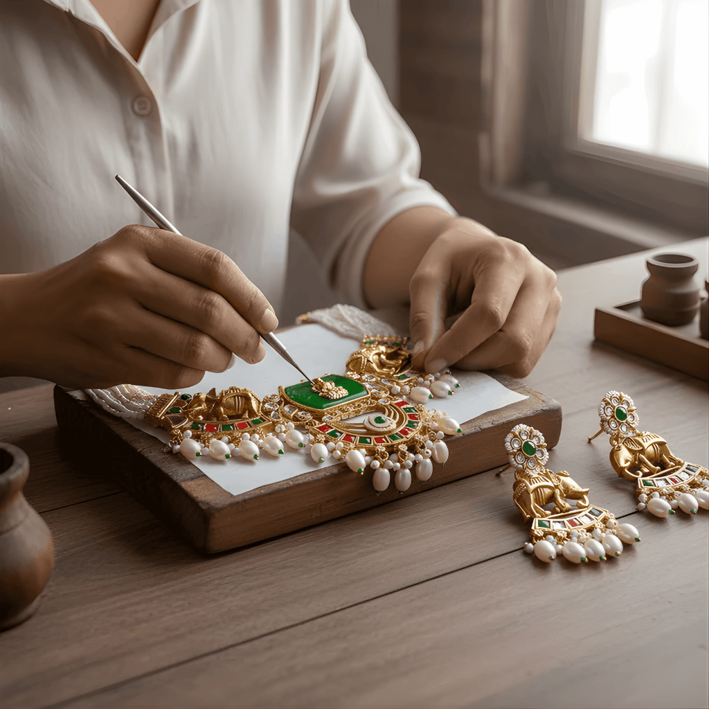 Person working on a pair of gold and pearl earrings with green gemstones on a wooden surface.