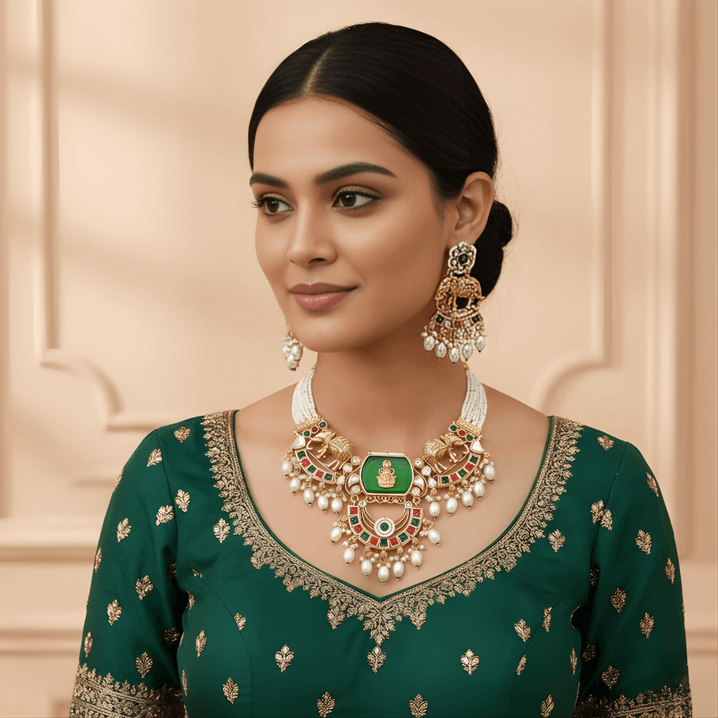 Ornate gold necklace with green gemstone and pearl accents on a beige background