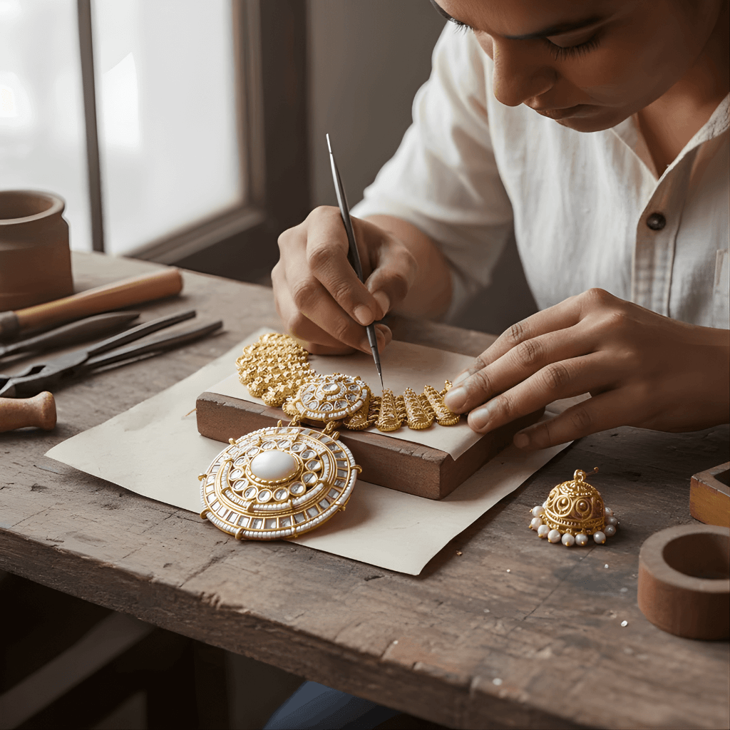 Person working on gold jewelry on a wooden table