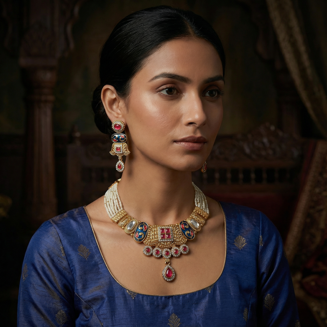 Meenakari Choker Set | Meenakari Kundan Choker Necklace Gold – Rajwadi Bridal Jewellery