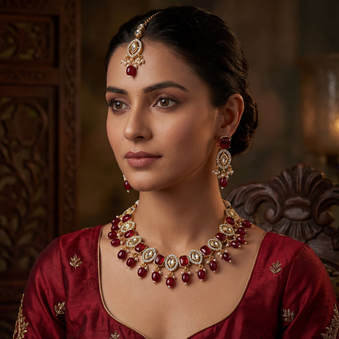 Rajwadi Kundan Choker Set - Kavya Gold-Plated Necklace, Earrings & Maang Tikka Set