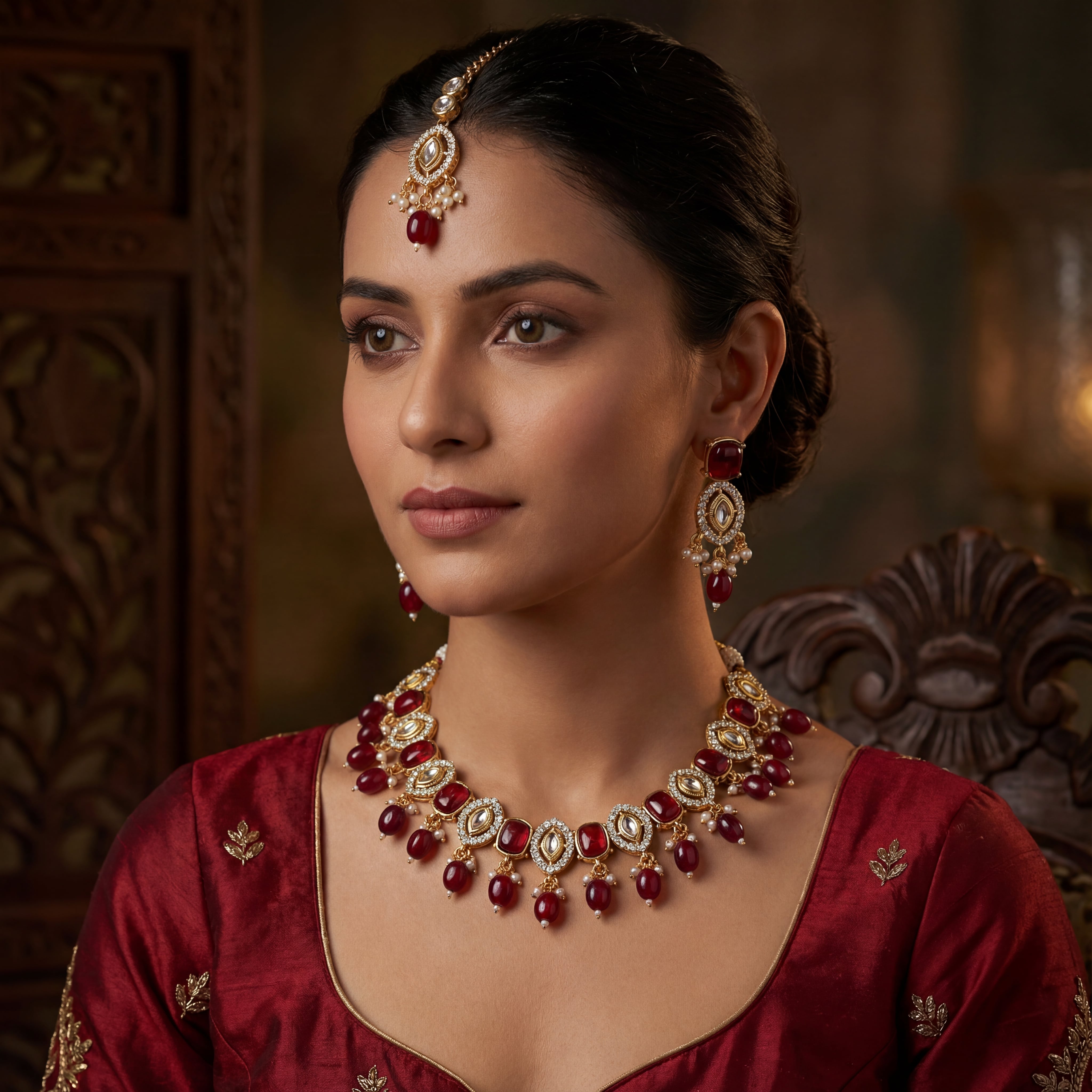 Rajwadi Kundan Choker Set - Kavya Gold-Plated Necklace, Earrings & Maang Tikka Set