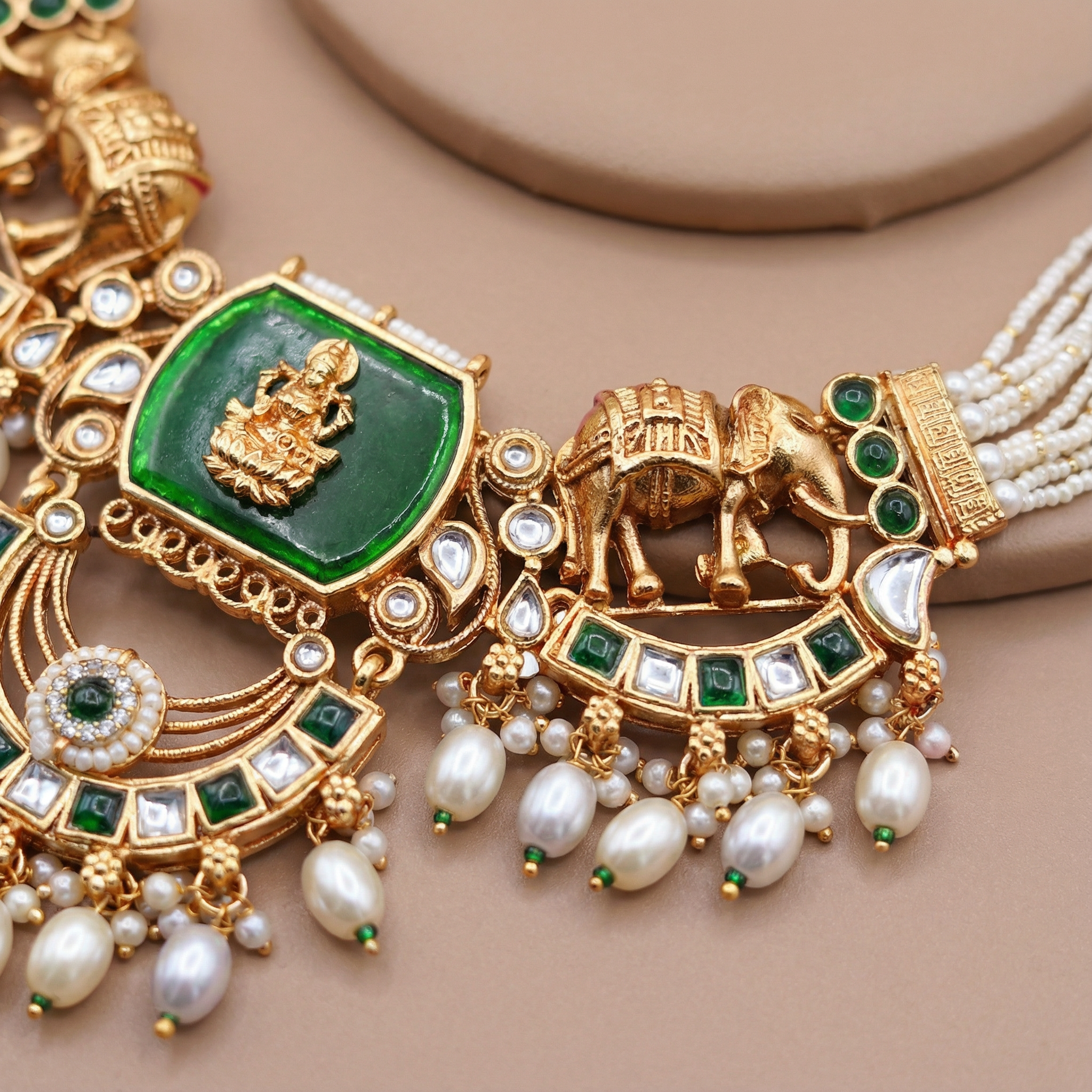 Kundan Necklace Set - Bihari Bridal Necklace with Elephant & Emerald Design