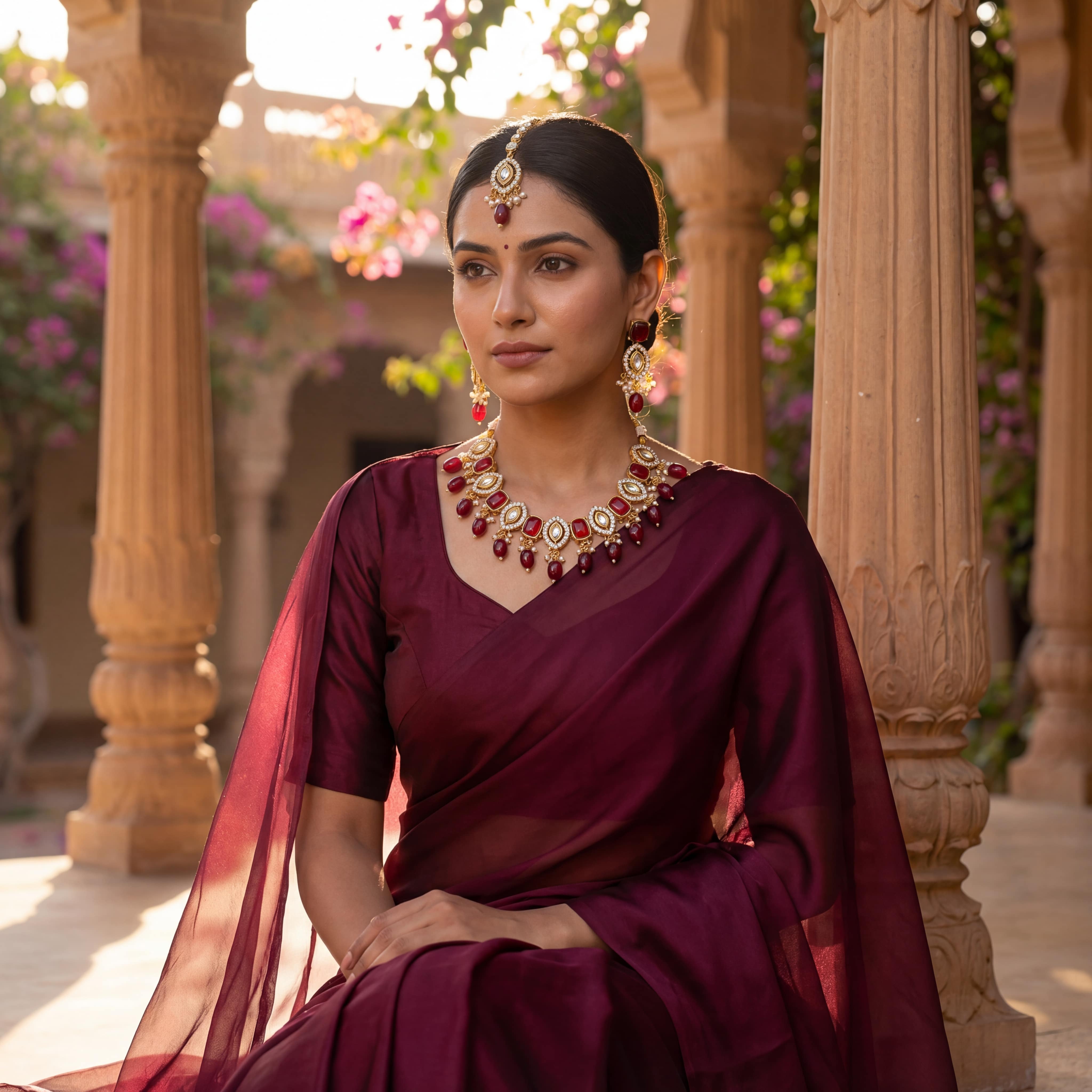 Rajwadi Kundan Choker Set - Kavya Gold-Plated Necklace, Earrings & Maang Tikka Set