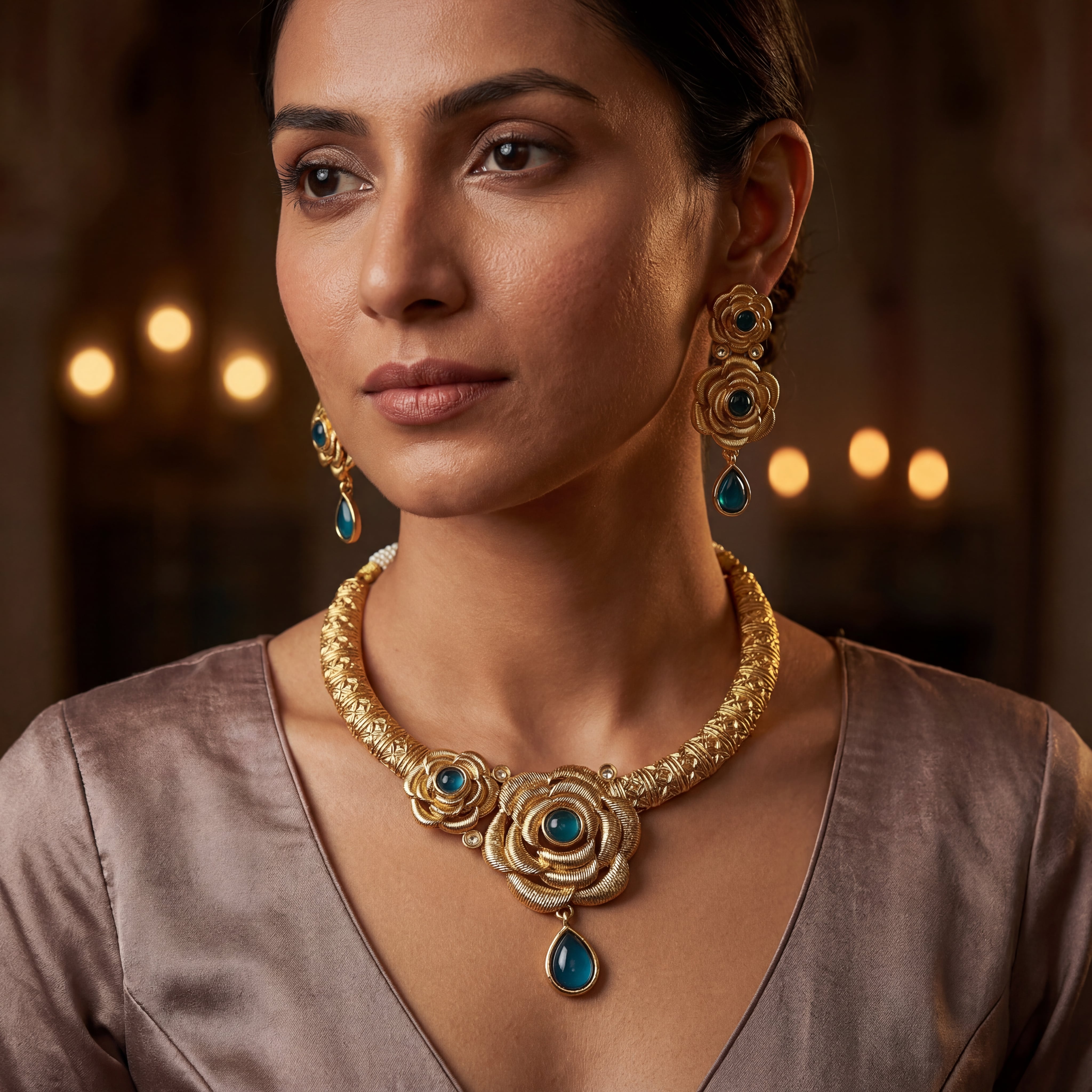 Hasadi Necklace | Rajwadi Rose Design with Green Stones Bridal Set