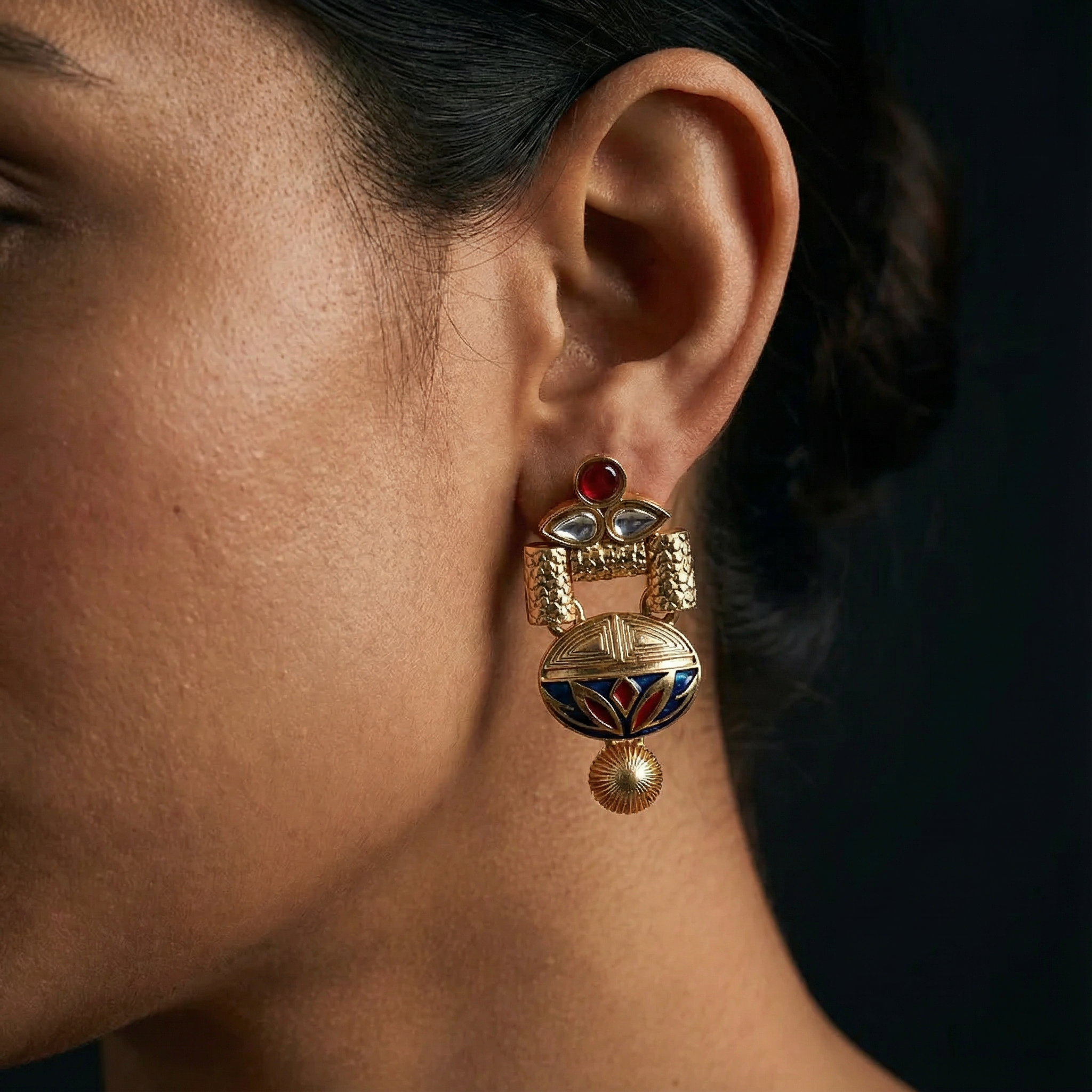 Rajwadi Necklace Set - Madhubala Bridal Jewelry - Gold Meenakari Choker with Earrings & Pearls