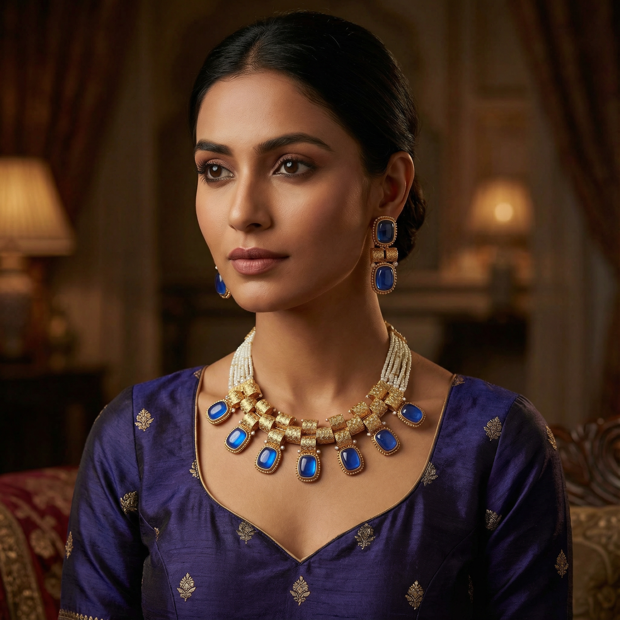 Rajwadi Choker Necklace | Monalisa Fusion Bridal Jewelry Set with Earrings