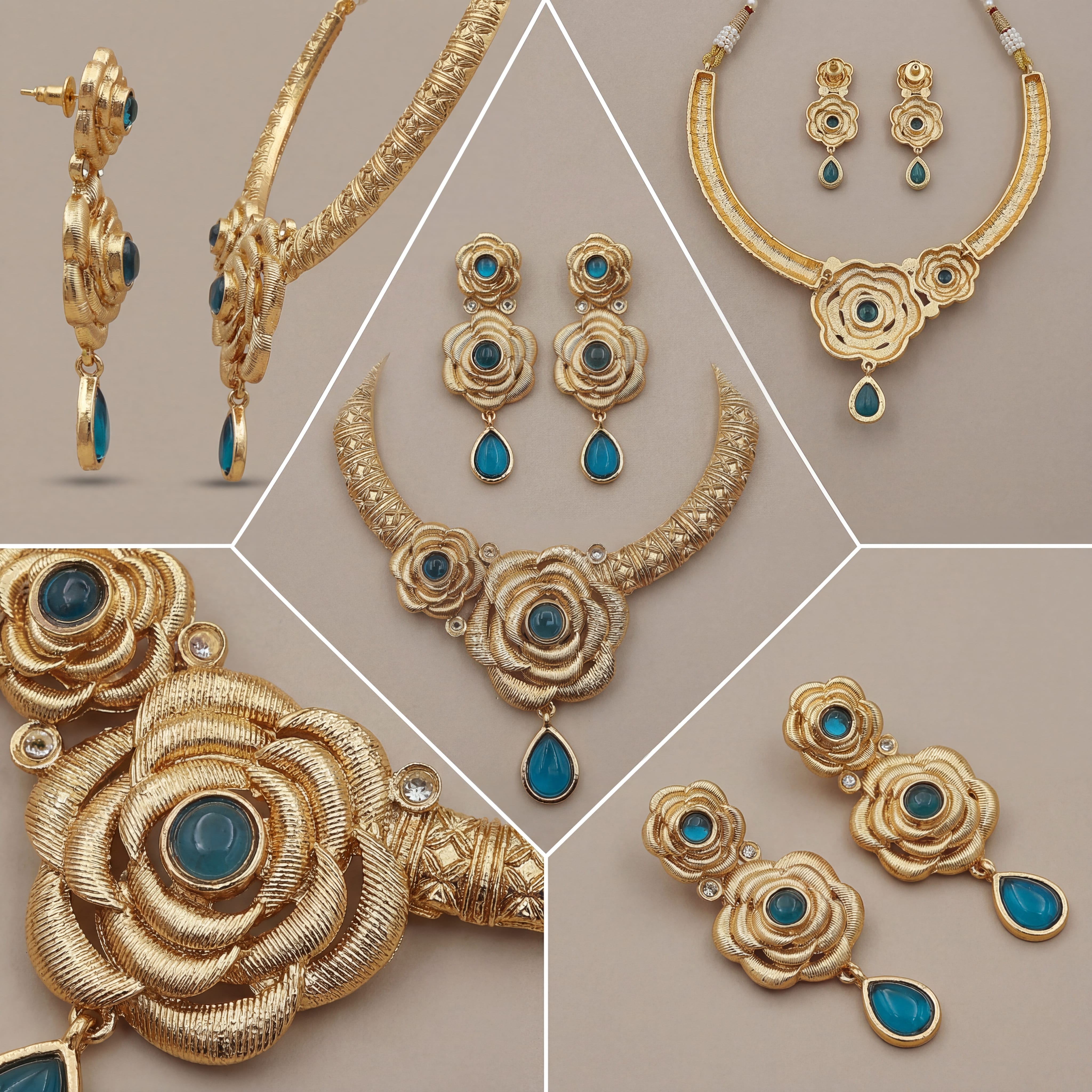 Hasadi Necklace | Rajwadi Rose Design with Green Stones Bridal Set