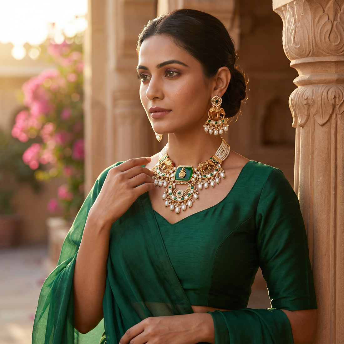Kundan Necklace Set - Bihari Bridal Necklace with Elephant & Emerald Design