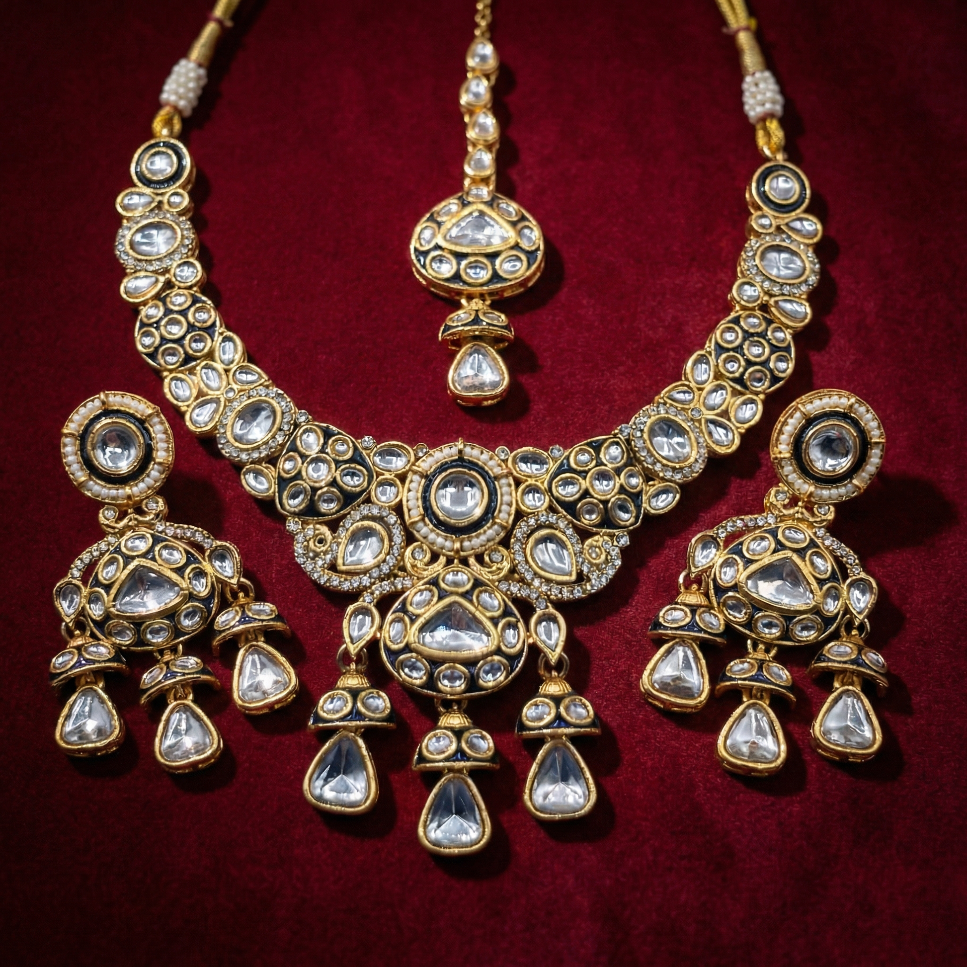 Traditional Cream & Ruby Red Kundan Choker Set with Meenakari Detailing - 3 Piece Bridal Jewelry Set - nandai.store