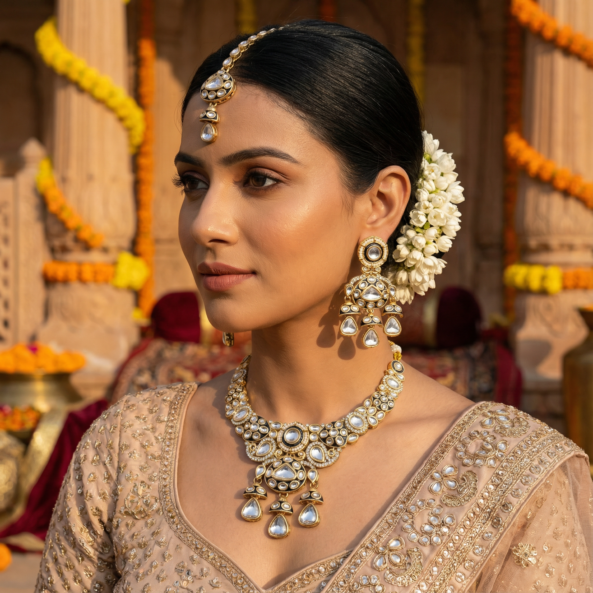 Traditional Cream & Ruby Red Kundan Choker Set with Meenakari Detailing - 3 Piece Bridal Jewelry Set - nandai.store