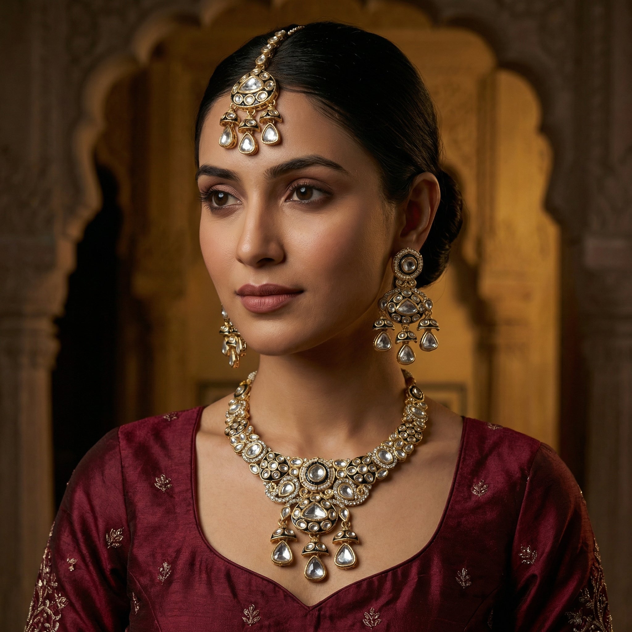 Traditional Cream & Ruby Red Kundan Choker Set with Meenakari Detailing - 3 Piece Bridal Jewelry Set - nandai.store