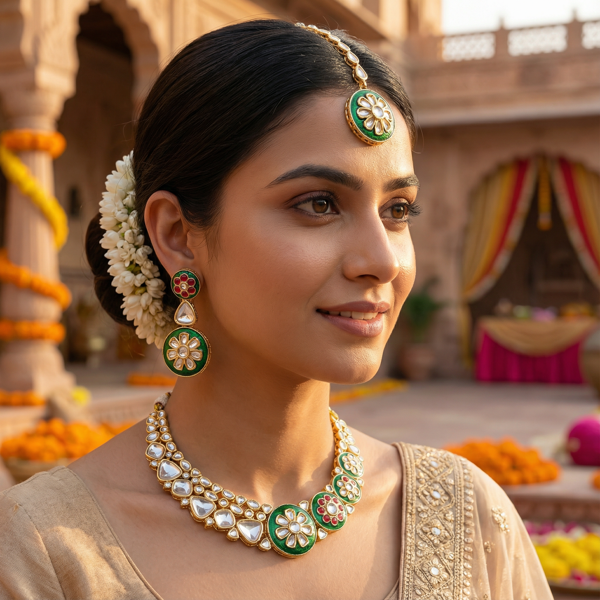 Regal Ruby Red Meenakari Necklace Set - Antique Gold Plated Floral Jewelry for Weddings - nandai.store