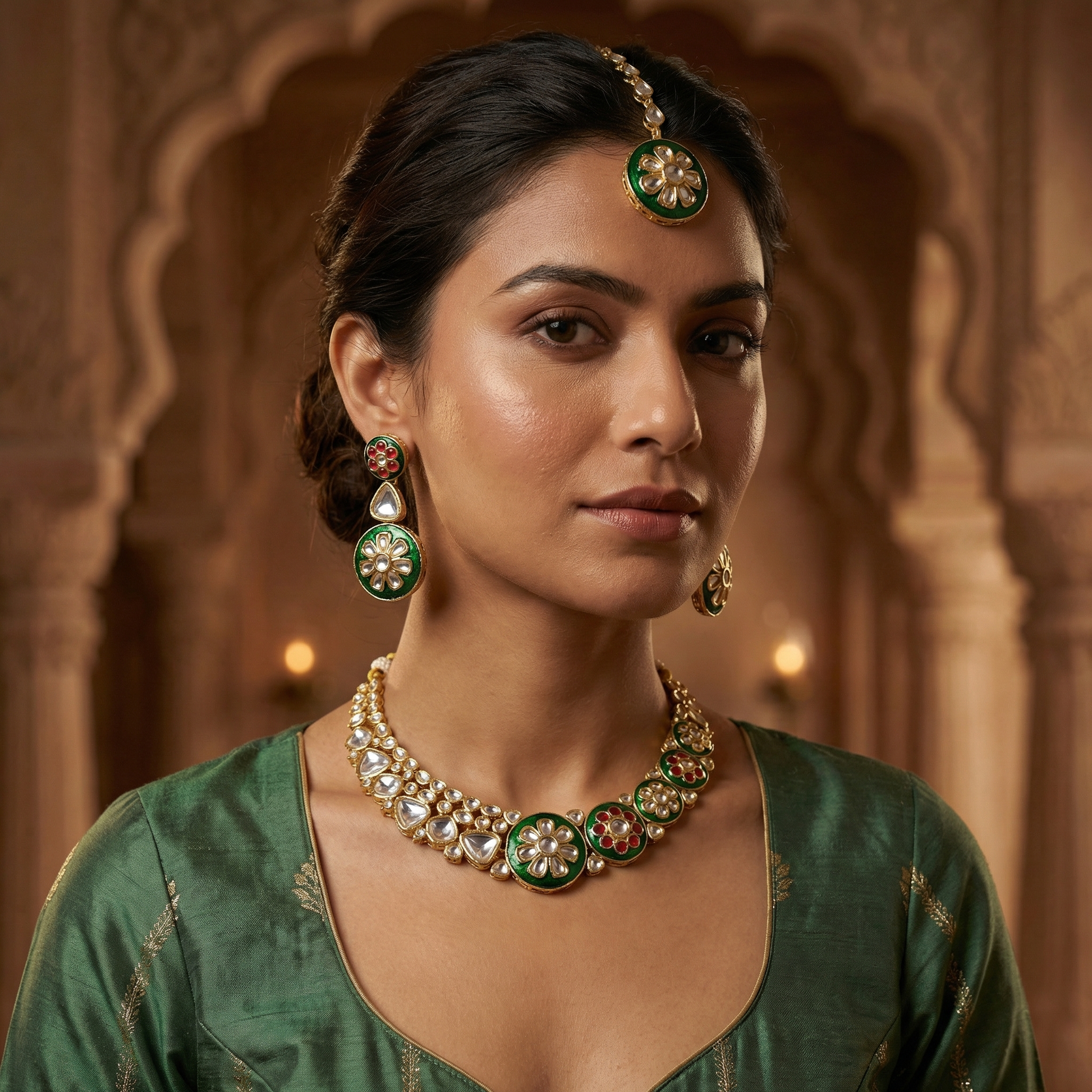 Regal Ruby Red Meenakari Necklace Set - Antique Gold Plated Floral Jewelry for Weddings - nandai.store