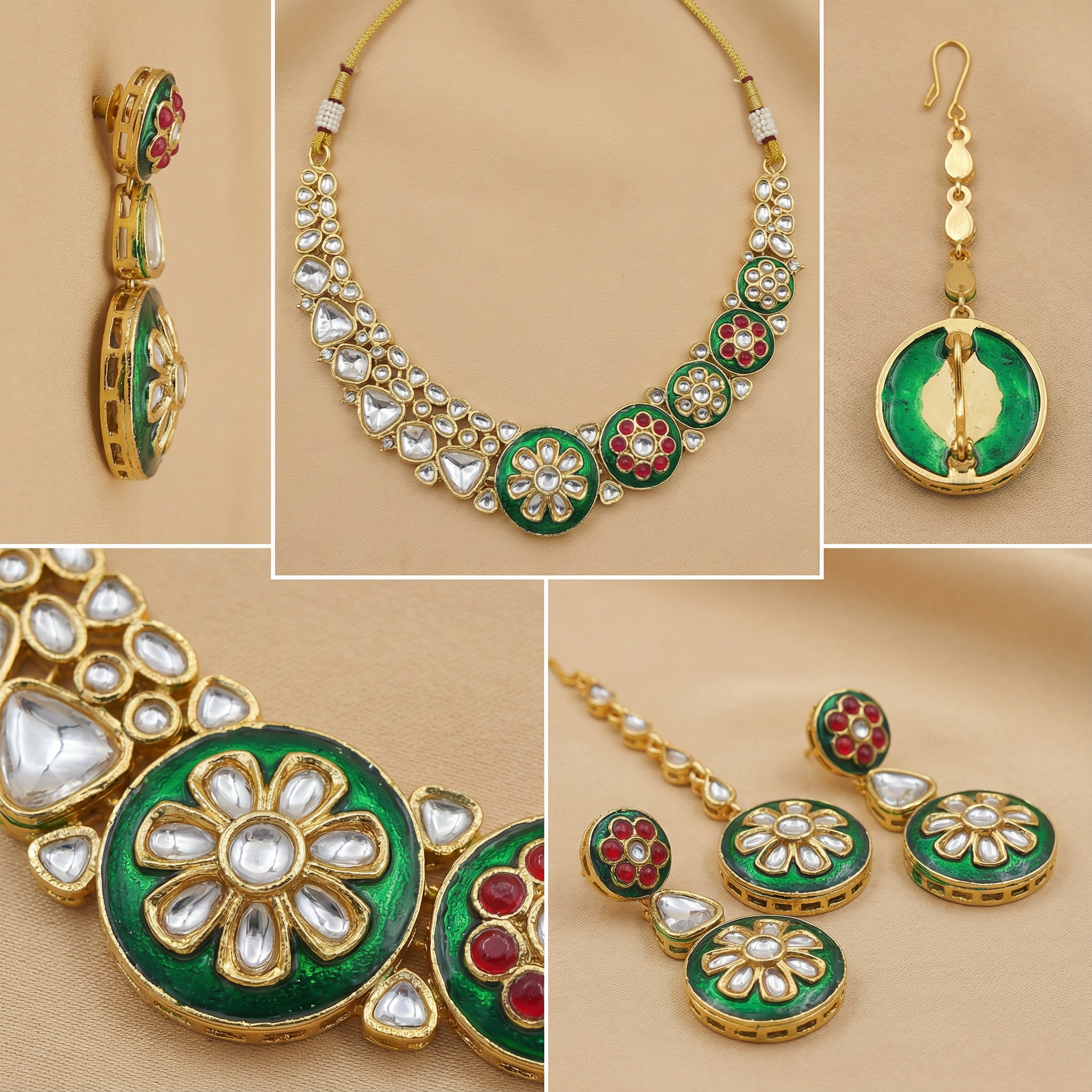 Regal Ruby Red Meenakari Necklace Set - Antique Gold Plated Floral Jewelry for Weddings - nandai.store