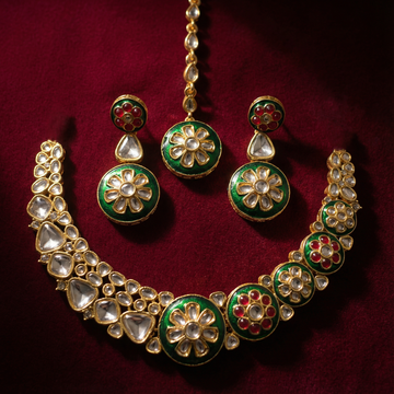 Regal Ruby Red Meenakari Necklace Set - Antique Gold Plated Floral Jewelry for Weddings - nandai.store