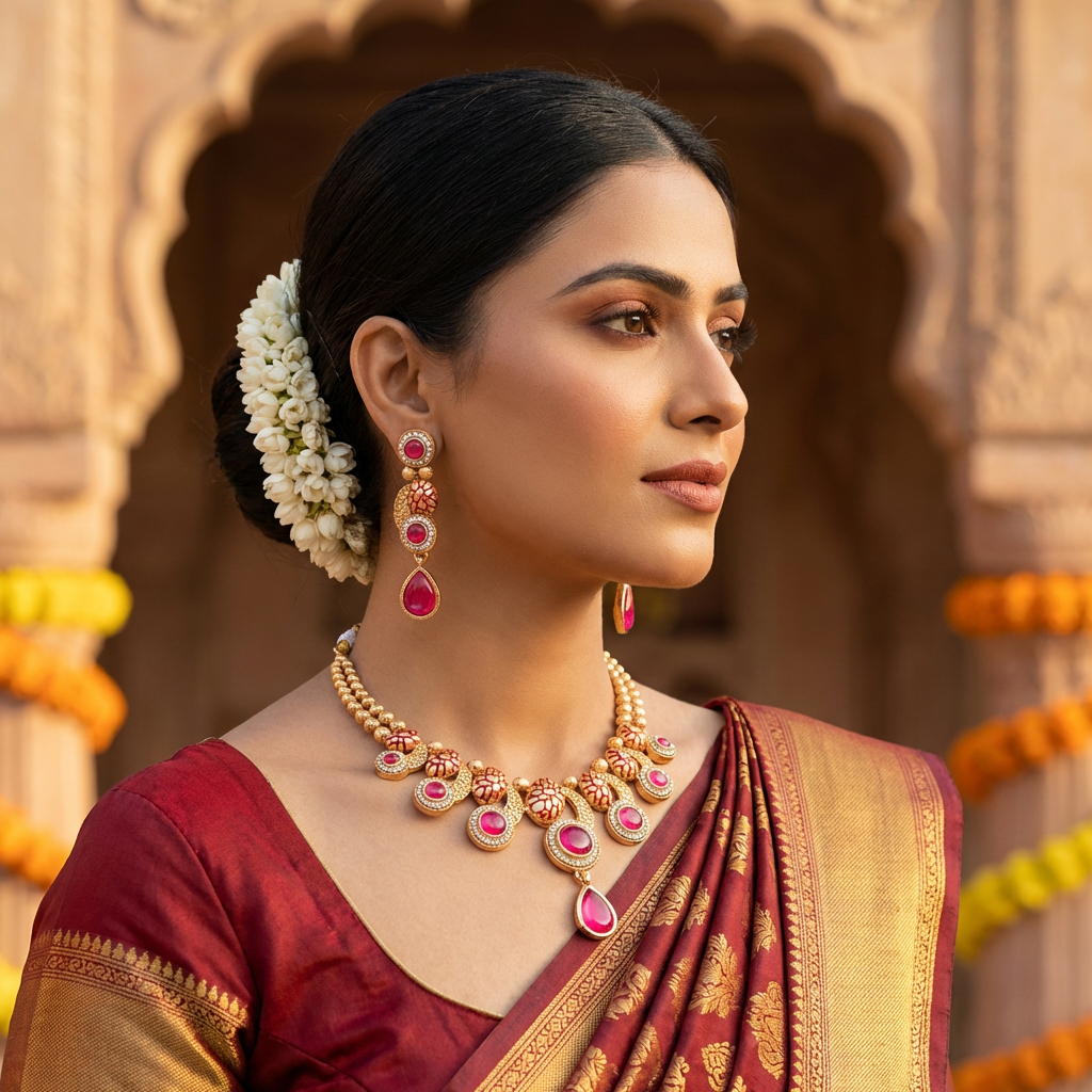 Emerald Green Meenakari Luxury Jewellery Set - Antique Gold Plated Necklace for Mehendi & Receptions - nandai.store