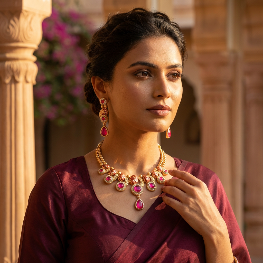 Emerald Green Meenakari Luxury Jewellery Set - Antique Gold Plated Necklace for Mehendi & Receptions - nandai.store