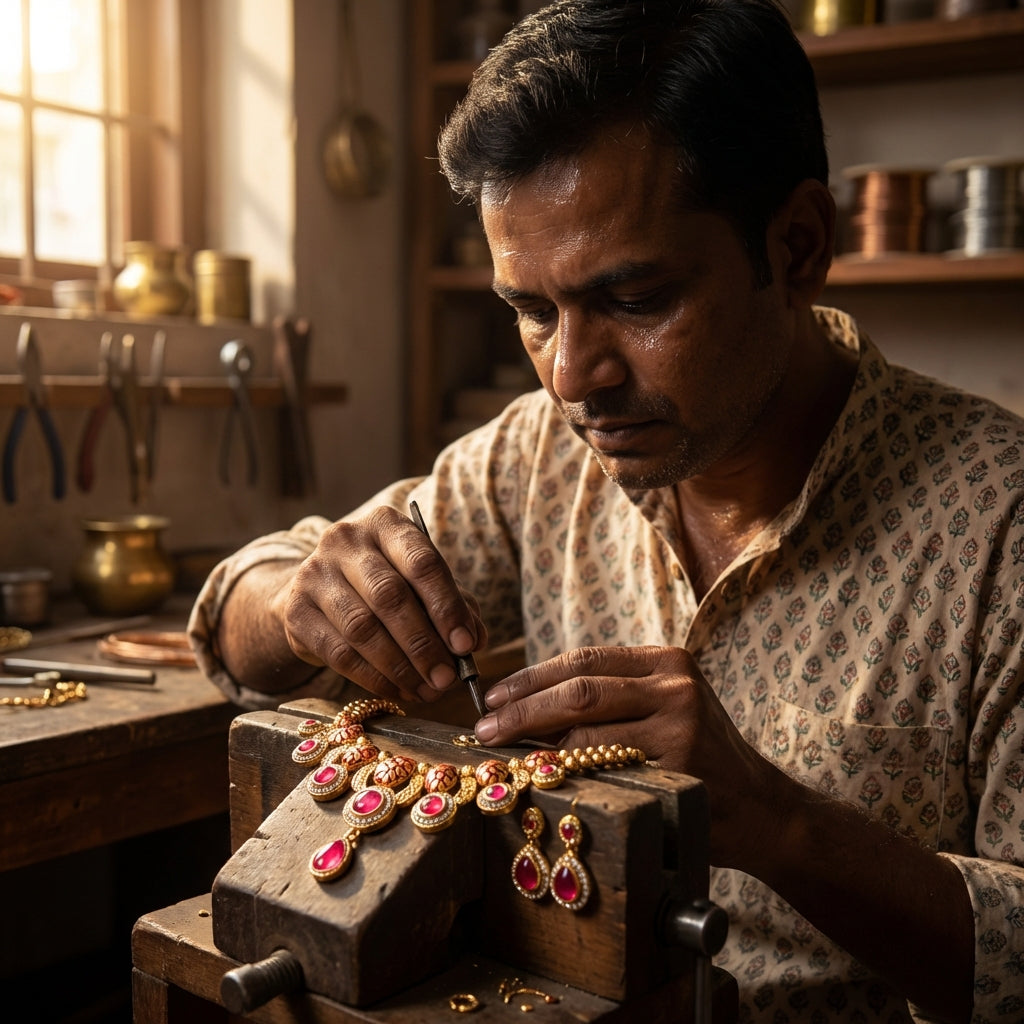 Emerald Green Meenakari Luxury Jewellery Set - Antique Gold Plated Necklace for Mehendi & Receptions - nandai.store