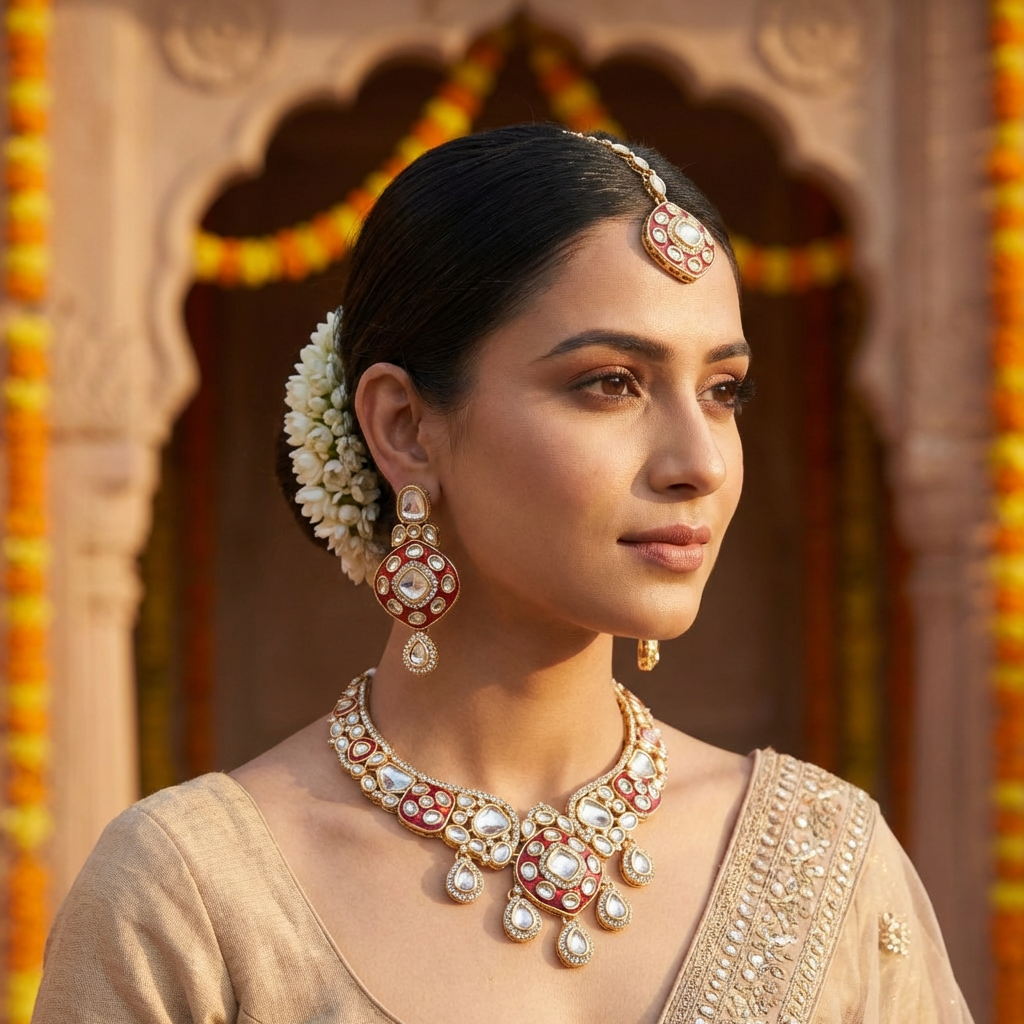 Royal Ruby Red Meenakari Bridal Jewelry Set - Gold Plated Kundan Choker with Maang Tikka & Earrings - nandai.store