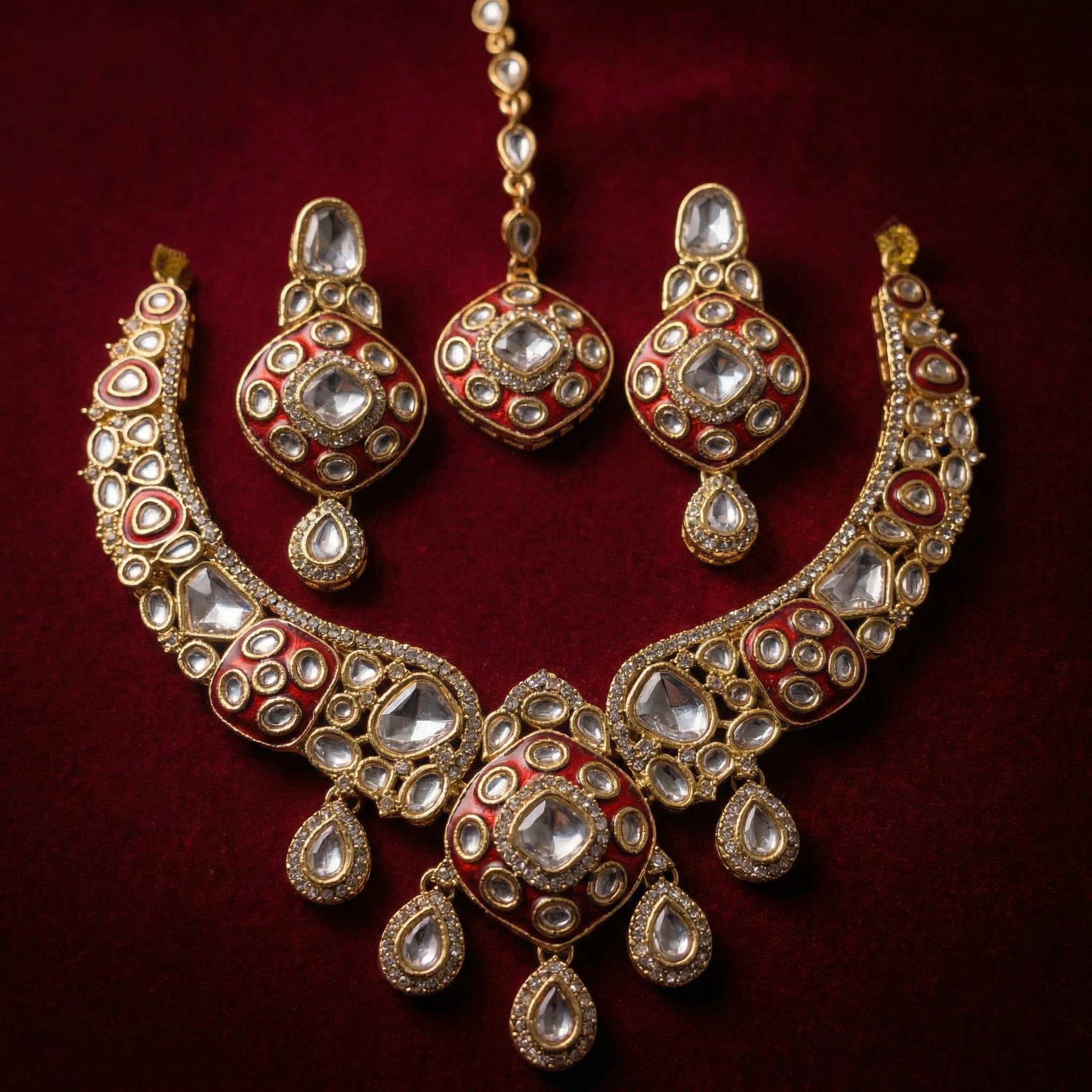 Royal Ruby Red Meenakari Bridal Jewelry Set - Gold Plated Kundan Choker with Maang Tikka & Earrings - nandai.store