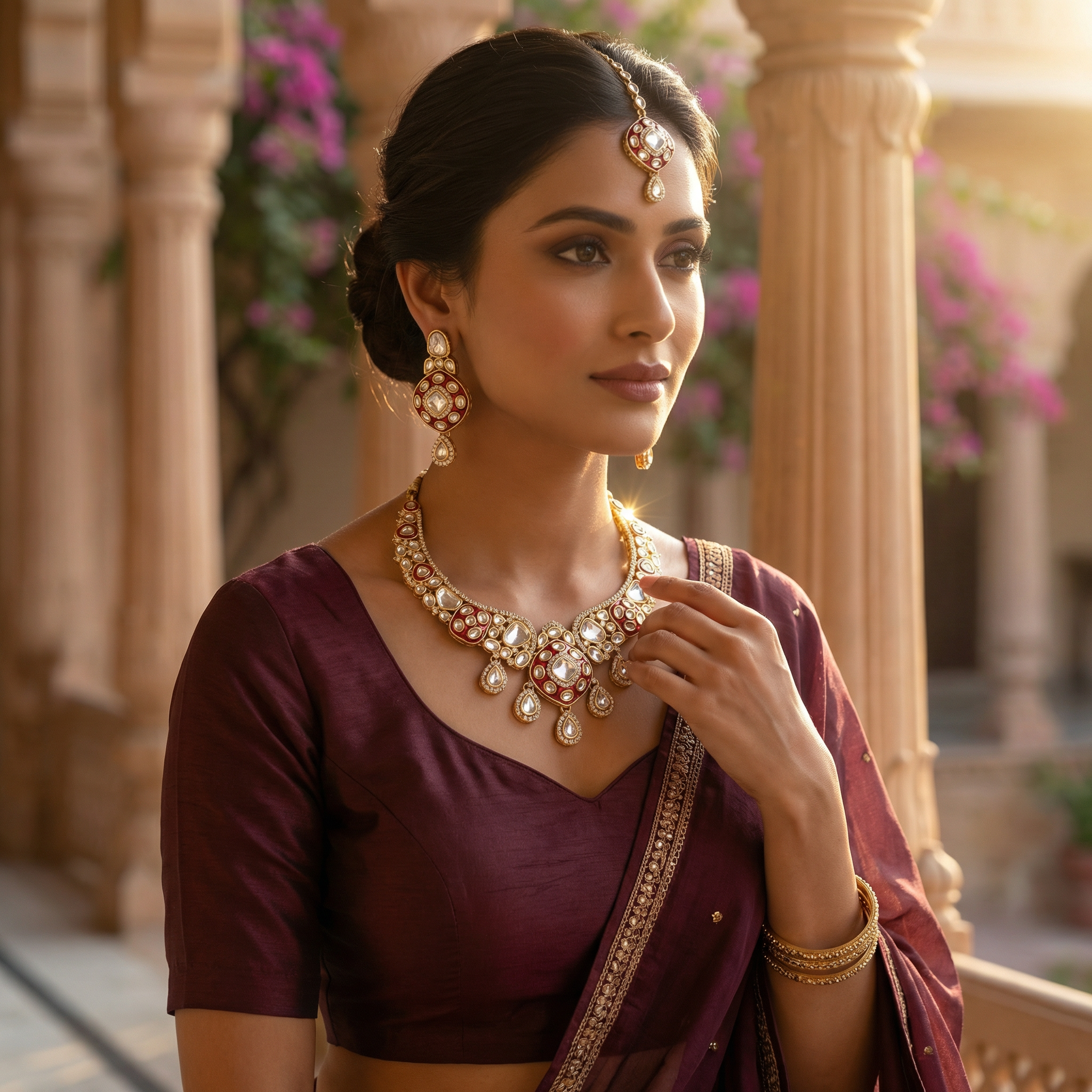 Royal Ruby Red Meenakari Bridal Jewelry Set - Gold Plated Kundan Choker with Maang Tikka & Earrings - nandai.store