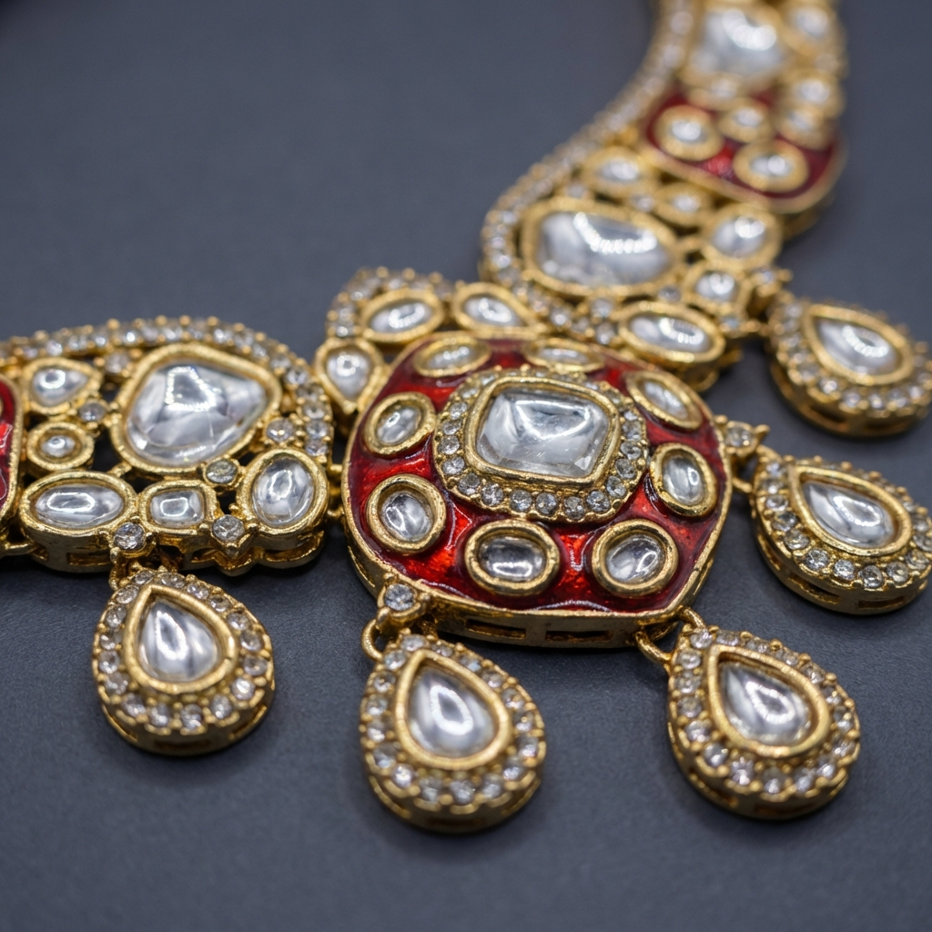Royal Ruby Red Meenakari Bridal Jewelry Set - Gold Plated Kundan Choker with Maang Tikka & Earrings - nandai.store